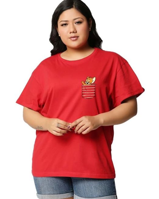 Women's 100% Cotton Graphic Print Boyfriend Fit Round Neck Plus Size T-Shirt