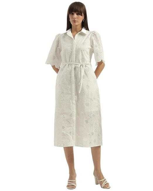 Women pread Collar Schiffli Embroidered Shirt Dress