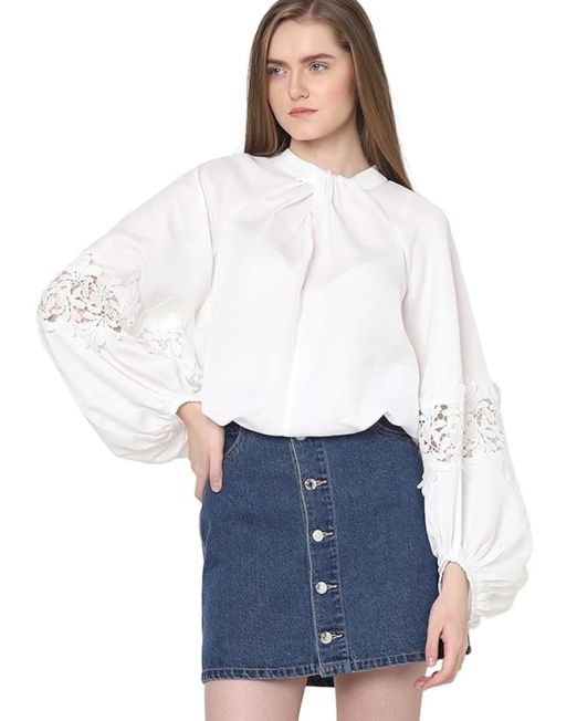 Women Tie-Up Neck Puff Sleeves Gathered Lace Detail Top
