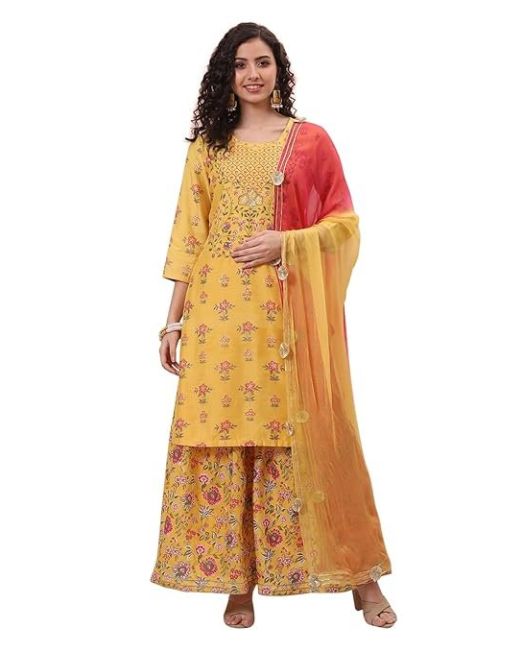 Women Polyester Printed Yellow Suit Set