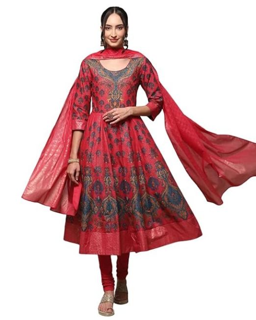 Women Cotton Anarkali Kurta Churidar Suit Set