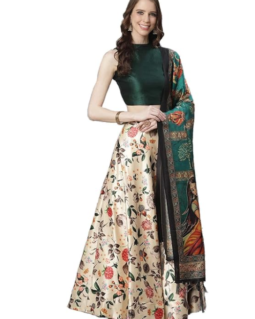 Women's Digital Printed Zari Satin Silk Semi stitched Lehenga Choli With Art Silk Dupartta