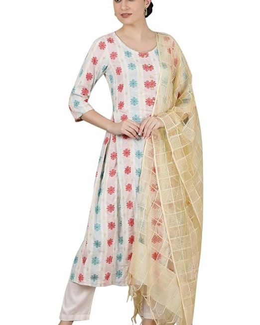 Women’s Abstract Printed Flared Kurta Set with Trouser and Dupatta for Women