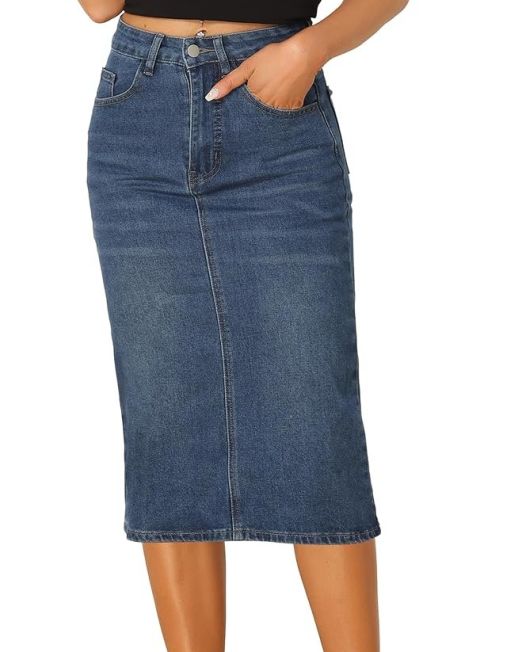 Casual Denim Skirt for Women's High Waist Split Back Pockets Midi Jean Skirts