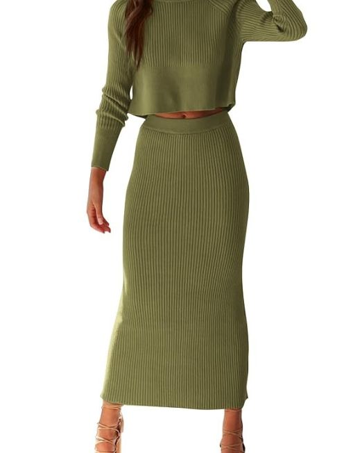 Women's Fall 2 Piece Sweater Set Rib Knit Long Sleeve Crop Top Maxi Bodycon Skirt Casual Winter Outfits