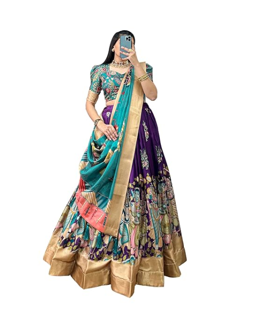 Women's Dola Silk With Kalamkari Print Lehnega Choli Set