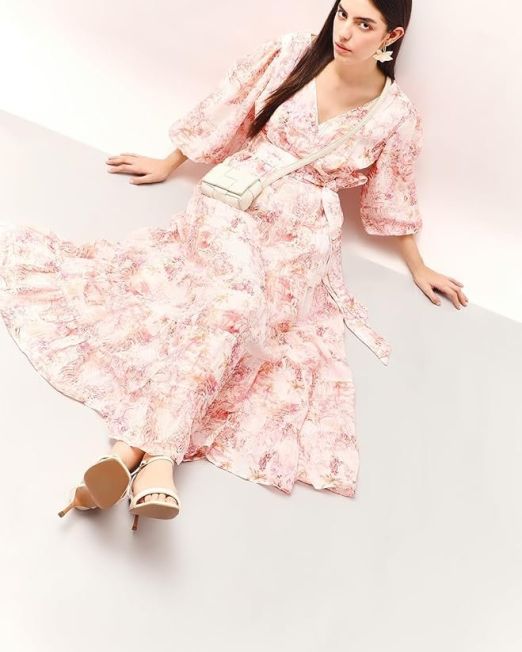 Floral Print Bishop Sleeve Layered Fit & Flare Maxi Dress