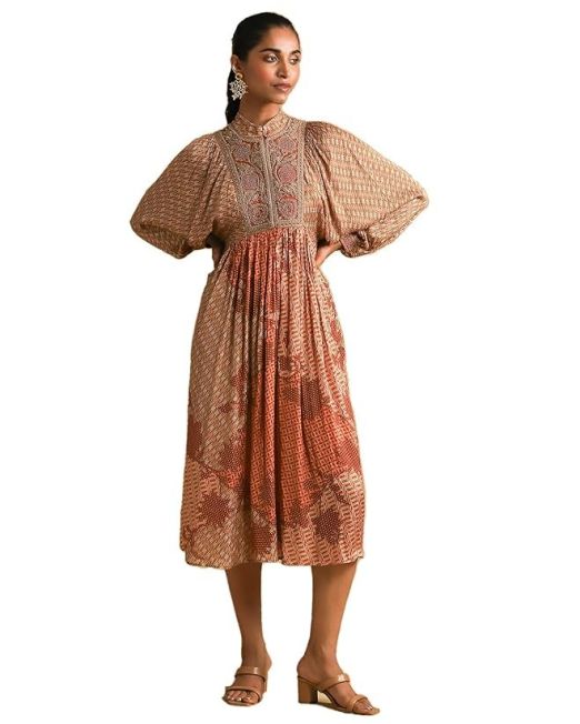 Women Rust Micro Print Embroidered Dress