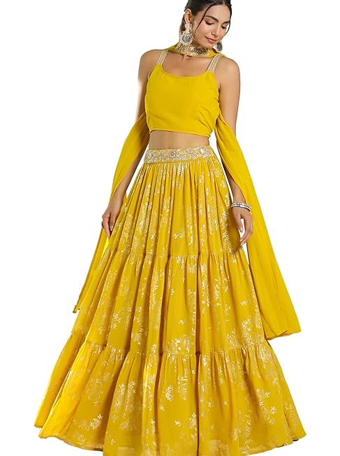 Womens Georgette Readymade Embellished Foil Printed Tiered Ready To Wear Lehenga Choli Set