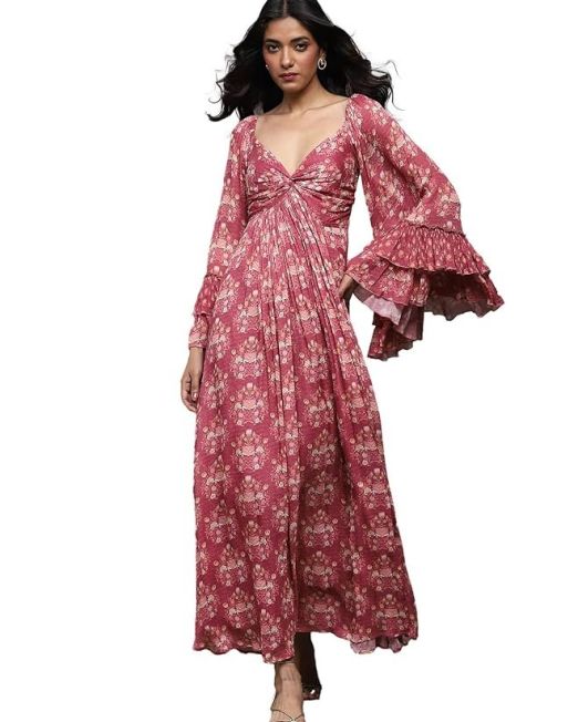 Women Pink Block Print Long Dress