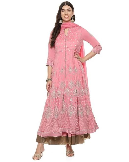 Women Cotton Blend Anarkali Embroidered Kurta Suit Set