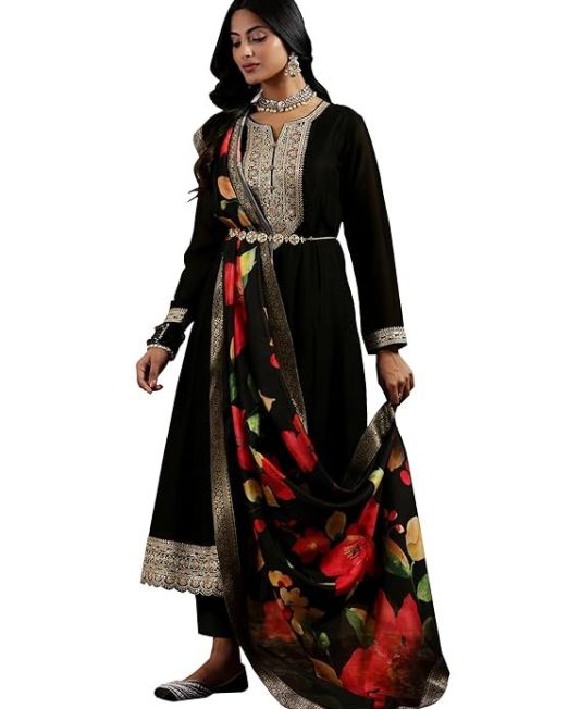 Black Silk Blend Yoke Design Kurta Sets for Women