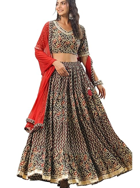 Womens Pure Cotton Readymade Batik Printed Tiered Ready to Wear Lehenga Choli Set