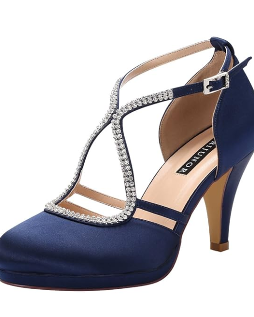 Women Comfort Low Heel Closed-Toe Ankle Strap Platform Satin Bridal Wedding Shoes