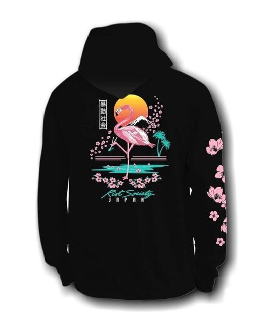 Flamingo Blossom Mens Hoodie - Black