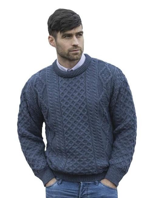 Men Soft Cable Knitted Crew Neck Sweater (100% Pure New Wool)