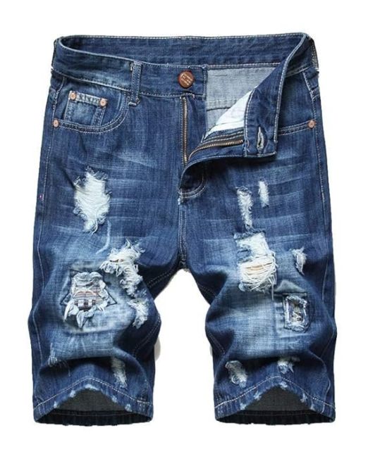 Men's Moto Biker Jeans Shorts Ripped Distressed Denim Shorts with Broken Hole