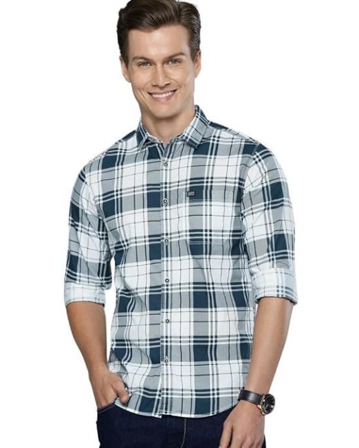 Men's Cotton Slim Fit Checkered Full Sleeves Cutaway Collar Casual Shirt