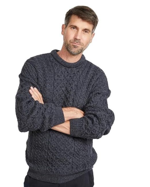 Mens Wool Traditional Crew Neck Aran Sweater by Carraig Donn