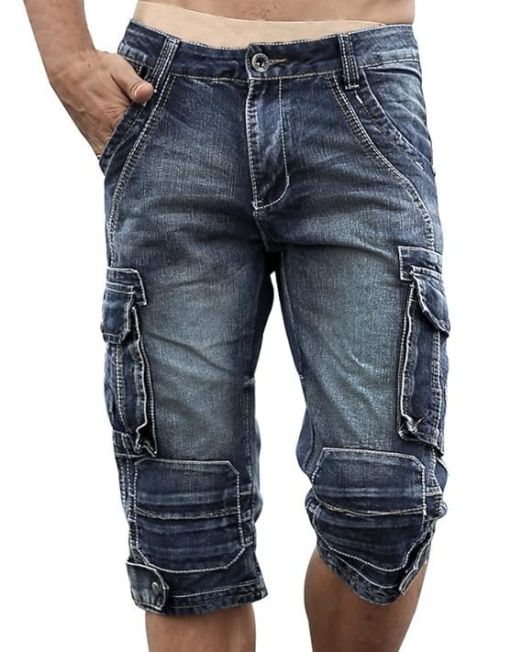 Men`s Cargo Denim Biker Jeans Shorts With Zippers