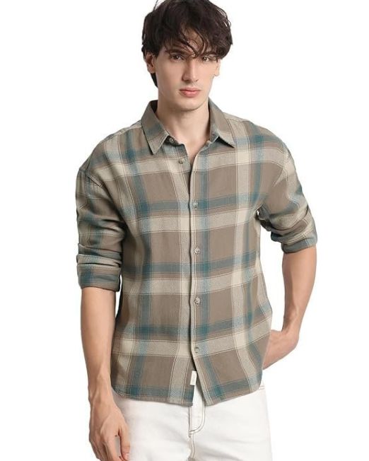 Men's Brown Checked Relaxed Fit Cotton Casual Shirt