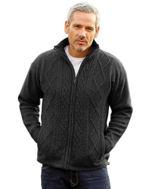 Men's Irish Wool Sweater, Full Zip, Front Pockets, Lined Interior, Gray