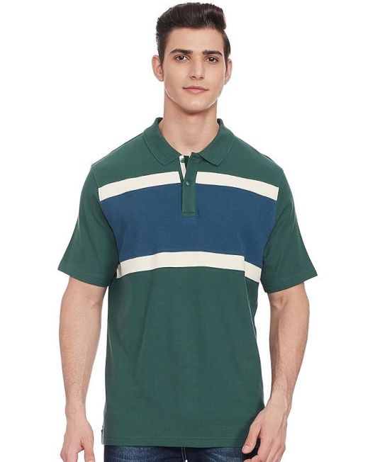 Mens Striped Cotton Polo Neck Regular Fit T-Shirt